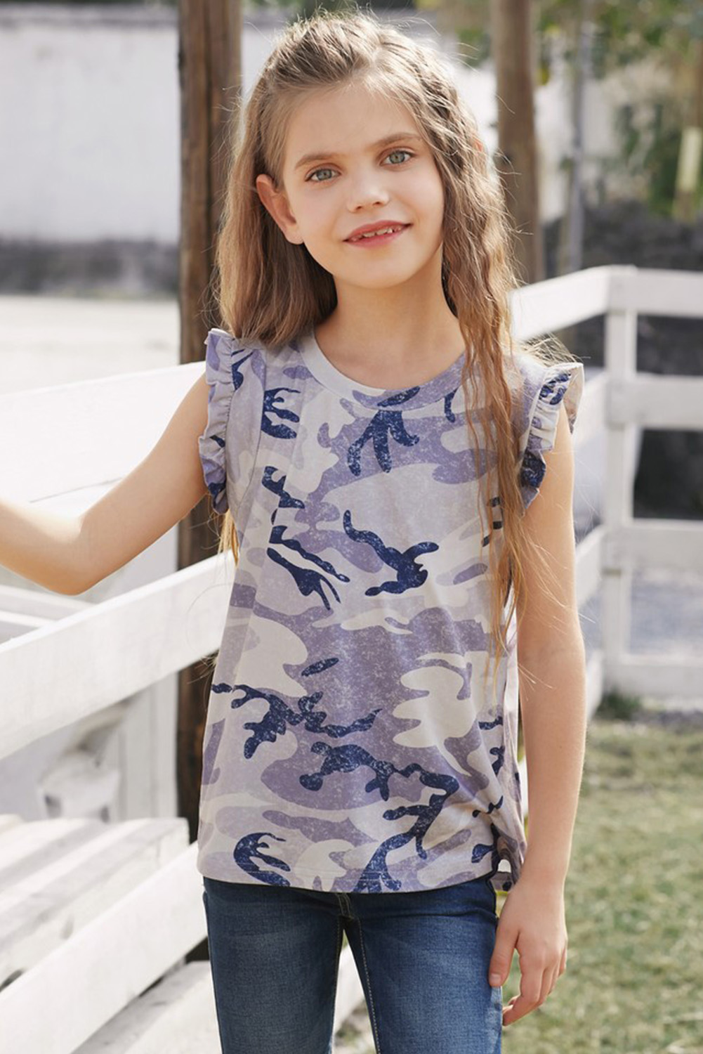 Gray Camo Print Flounced Armholes Little Girls' Tank