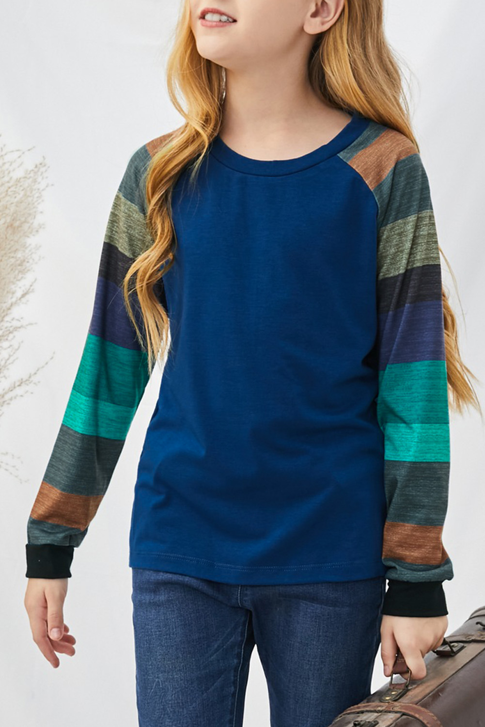 Blue Striped Color Block Girl's Long Sleeve Top