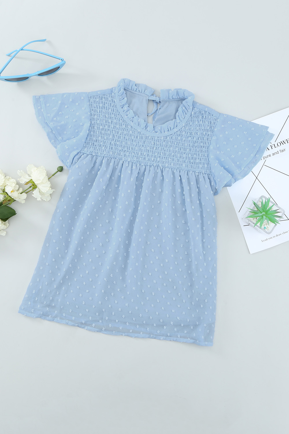 Sky Blue Little Girl Swiss Dot Ruffle Sleeves Top