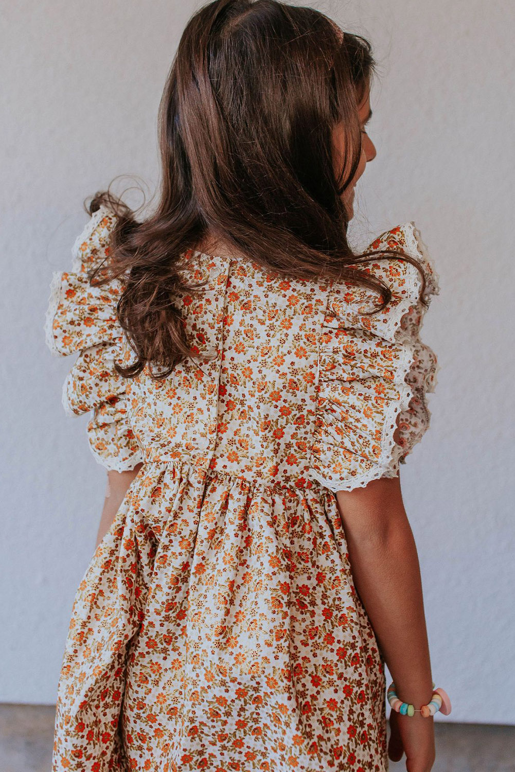 Orange Little Girls Floral Print Ruffled Sleeve Dress