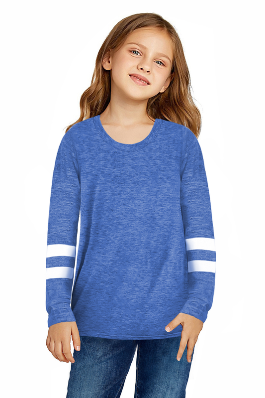 Blue Crewneck Striped Color Block Girl's Long Sleeve Top