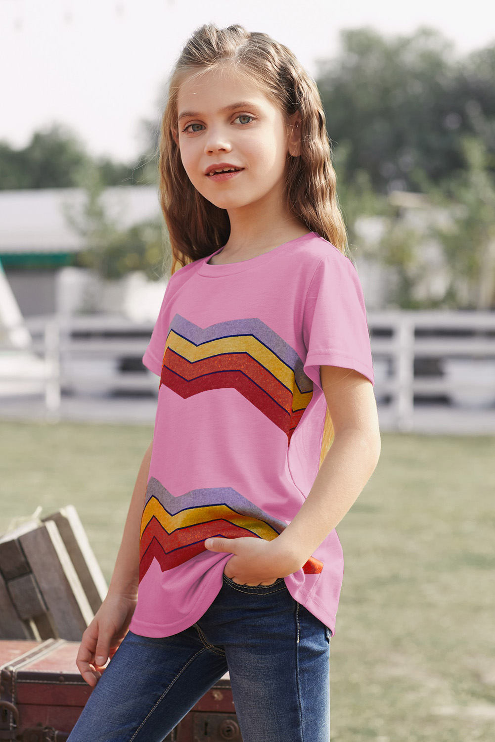 Pink Colorblock Striped Girls' T-Shirt