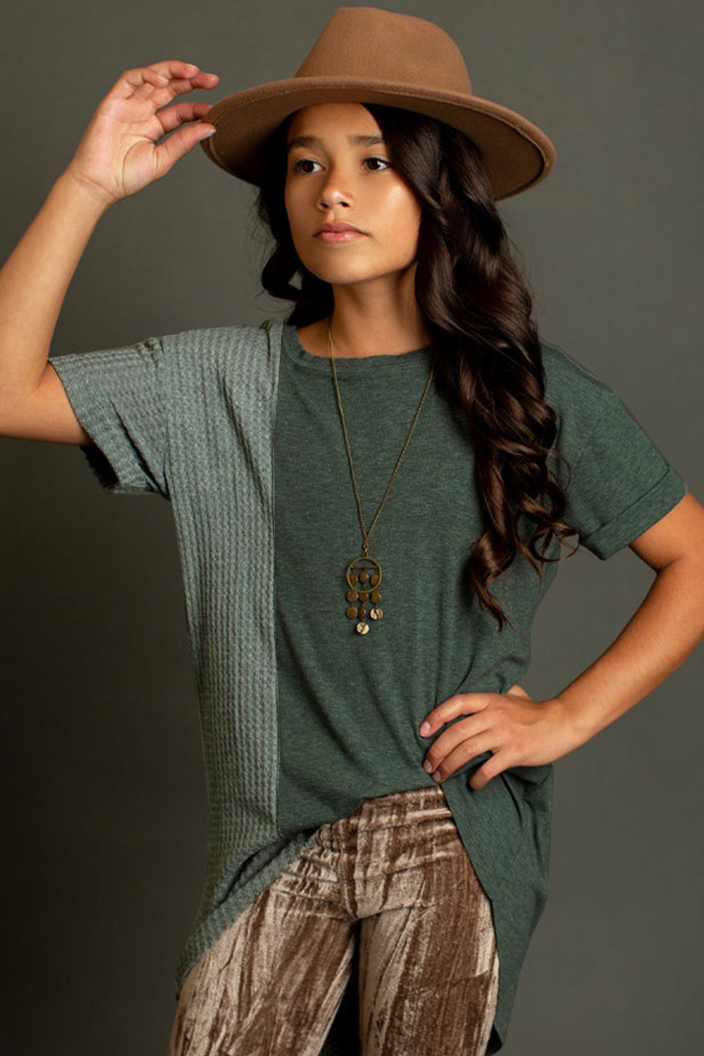 Green Girls Patchwork Short Sleeve Waffle Knit Top