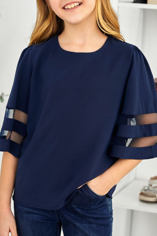 Dark Blue Girl's 3/4 Bell Sleeve Mesh Panel Blouse