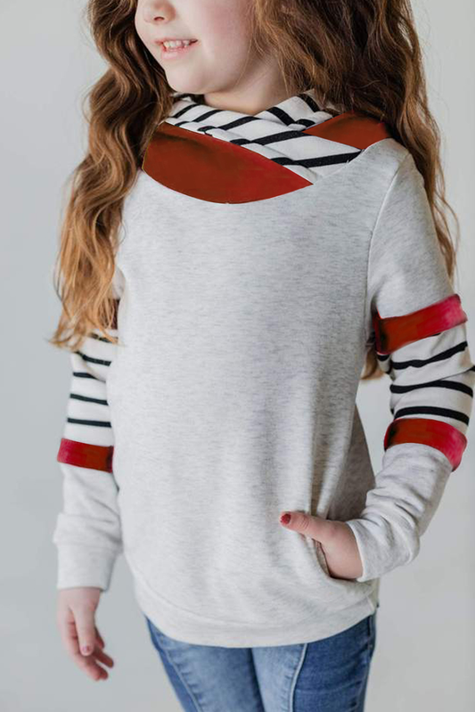 Gray Girls Stripes Colorblock High Neck Hoodie