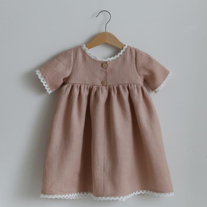 Girls Solid Color Linen Cotton Lace Pleated Dress