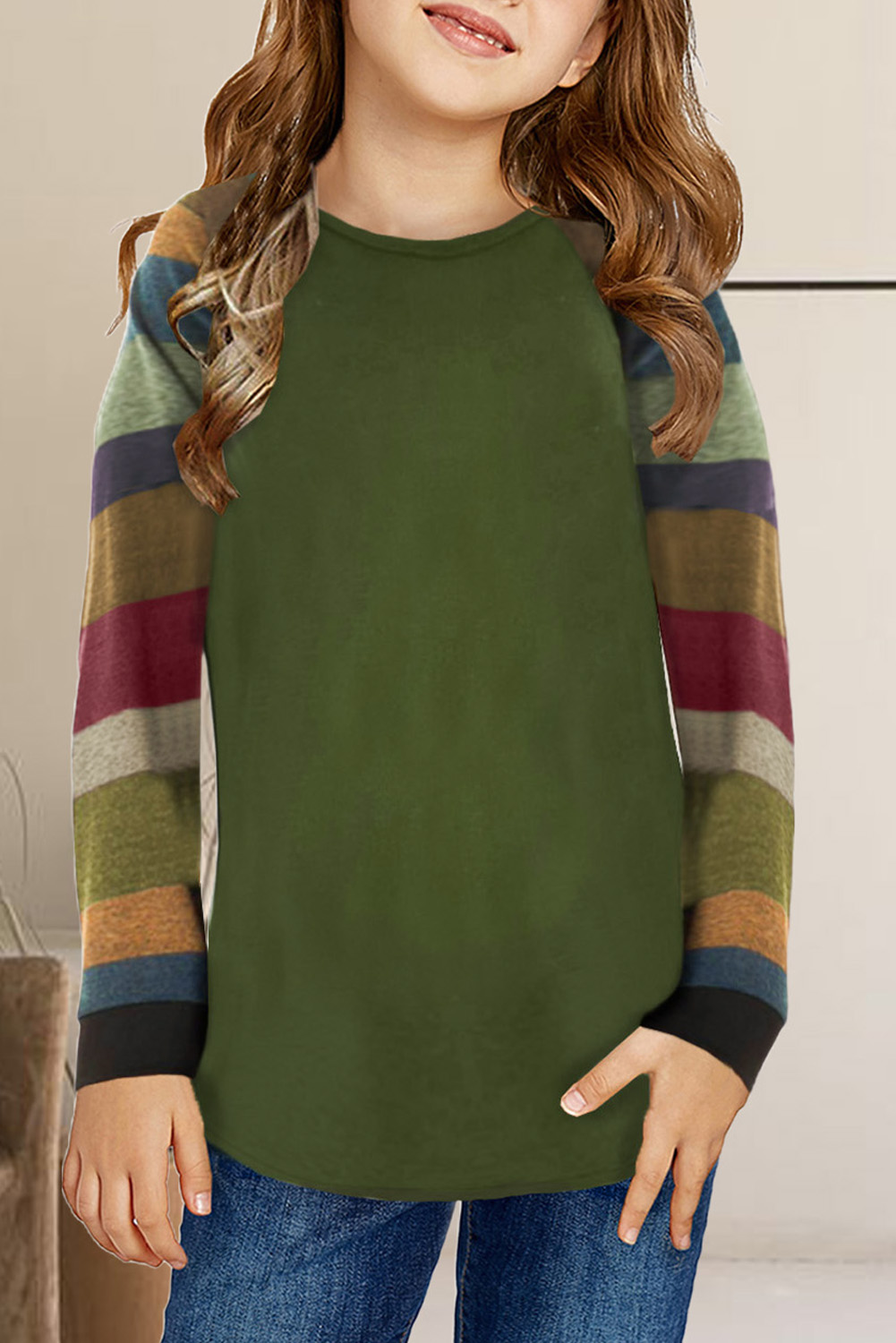 Green Striped Color Block Girl's Long Sleeve Top