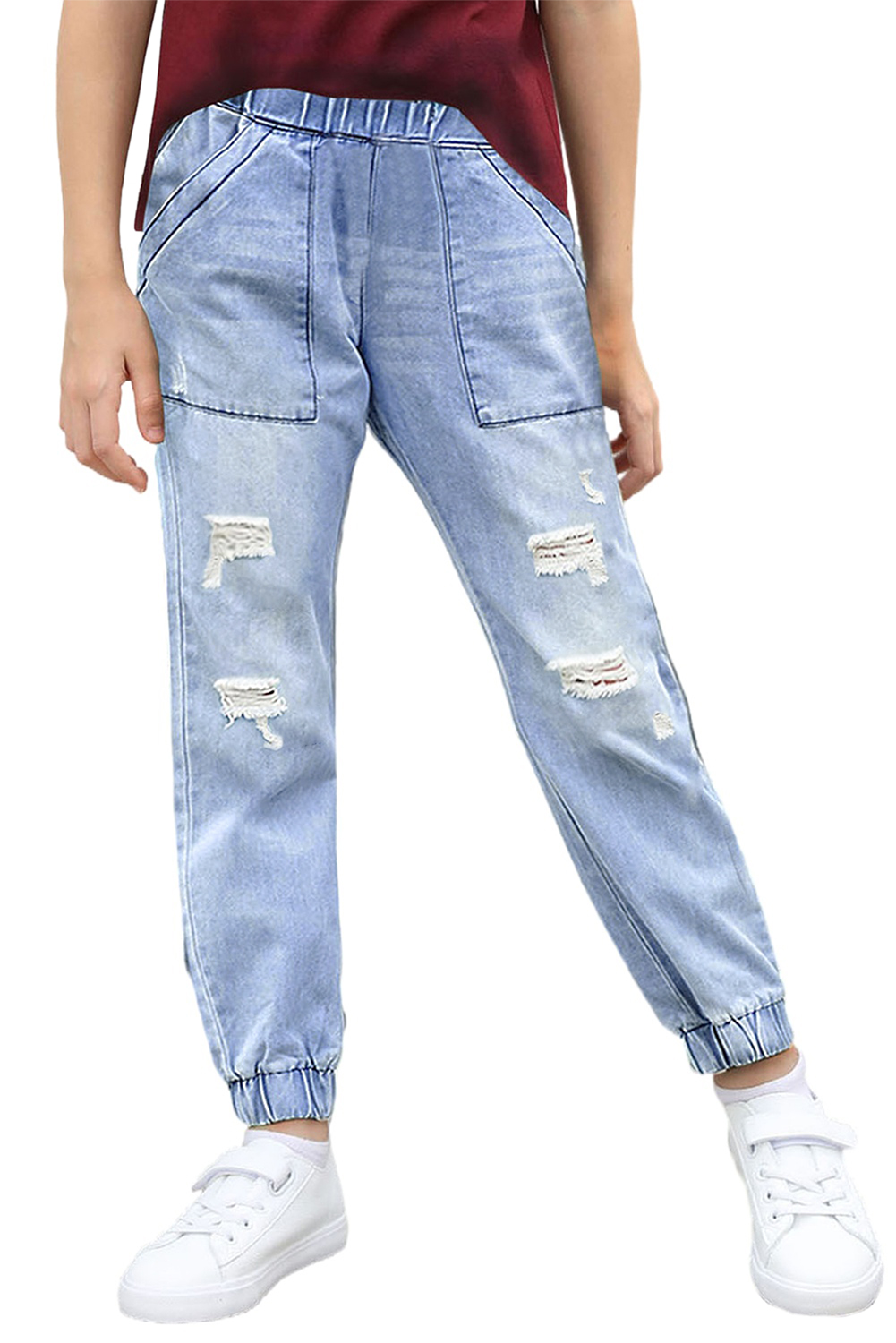 Light Blue Distressed Pocketd Little Girl Denim Joggers