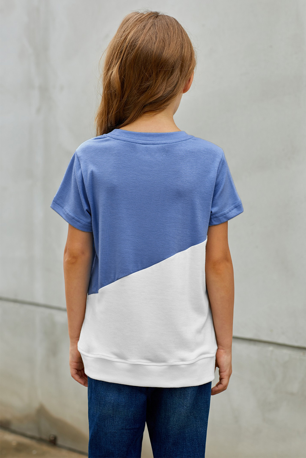 Sky Blue Colorblock Splicing Little Girl Tee