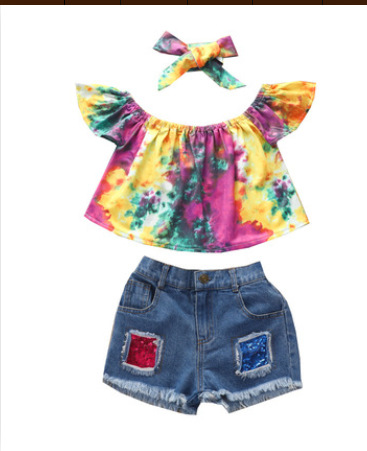 Girls' Off-Shoulder Top & Denim Shorts Set With Headband