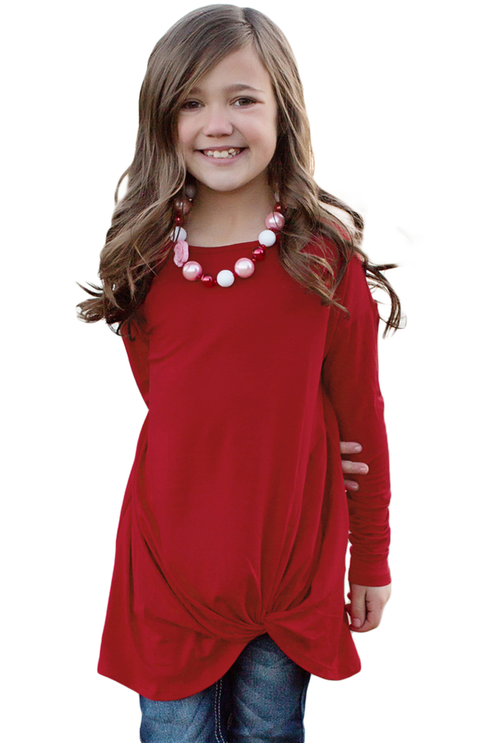 Red Twist Knot Detail Long Sleeve Girl’s Top