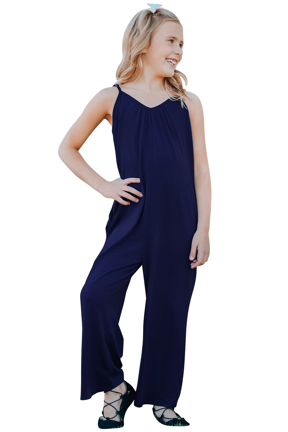 Blue Spaghetti Strap Wide Leg Girl's Jumpsuit With Pocket