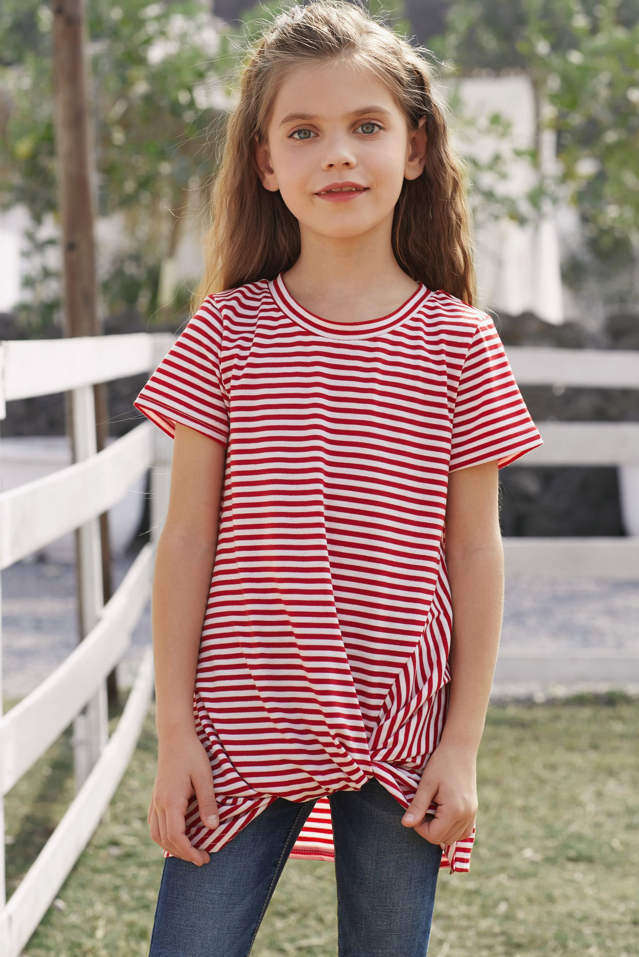 Red Short Sleeve Front Twist Striped Girl's Top