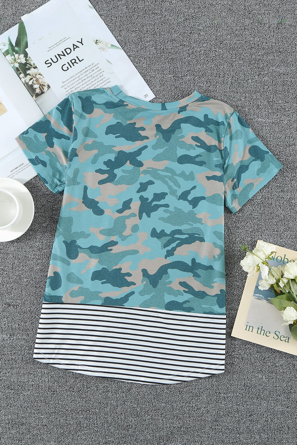 Green Camo Print Splicing Stripes Girls' T-Shirt