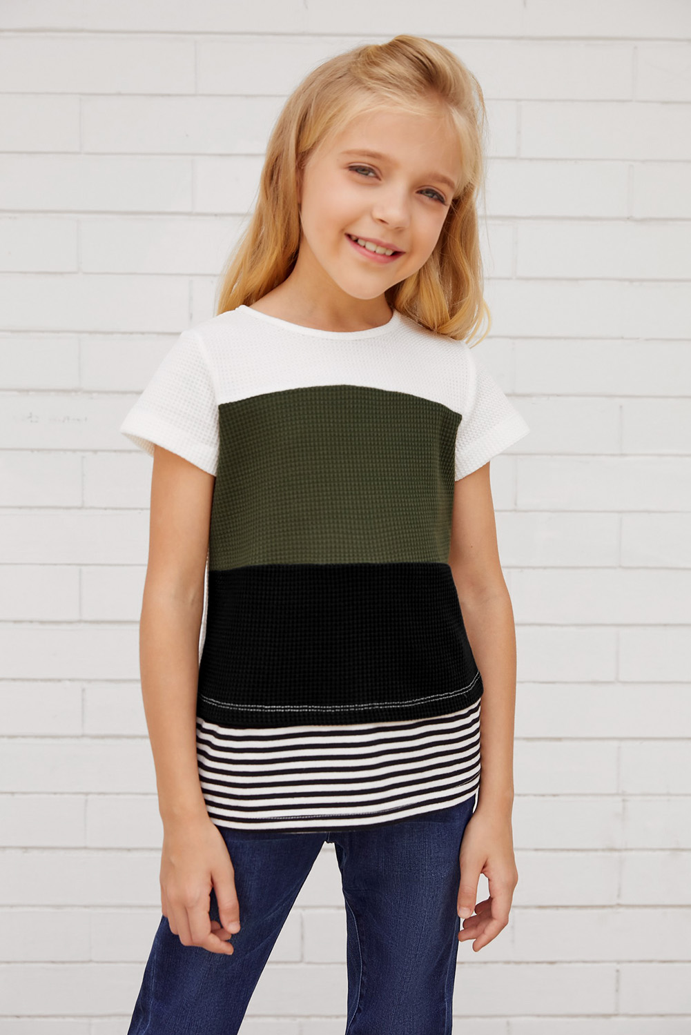 Green Parent-Child Colorblock Striped Girls' T-Shirt