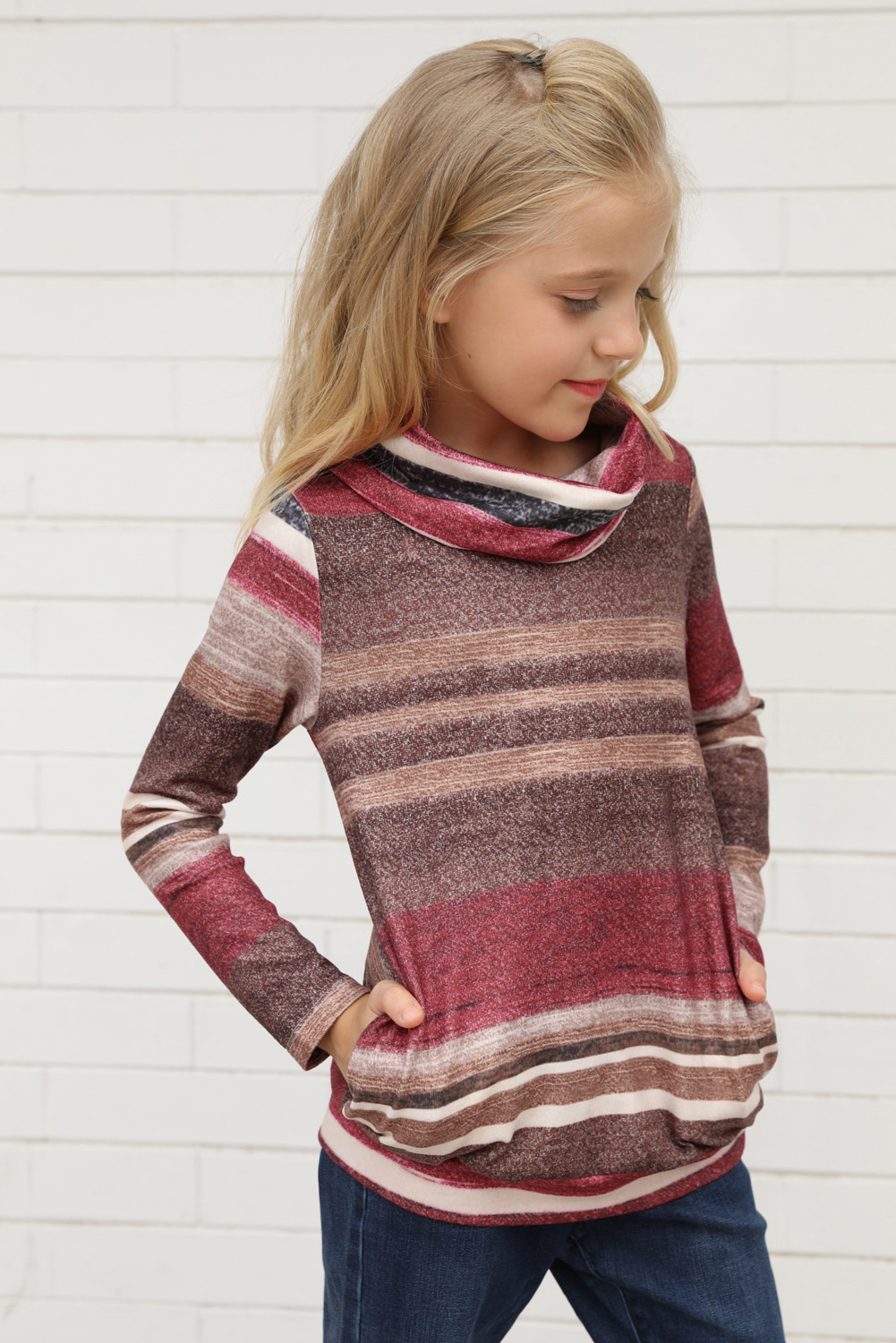 Red Cowl Neck Girl's Striped Sweatshirt