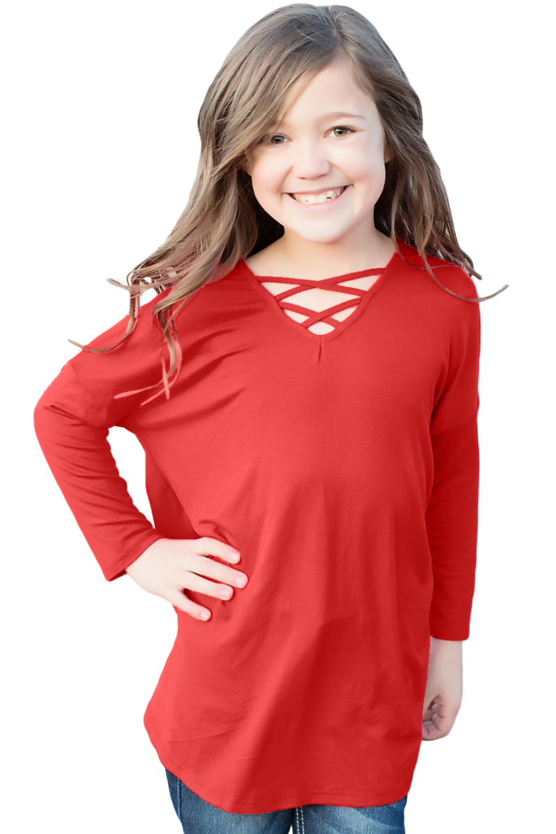 Red Long Sleeve Crisscross Top For Girls