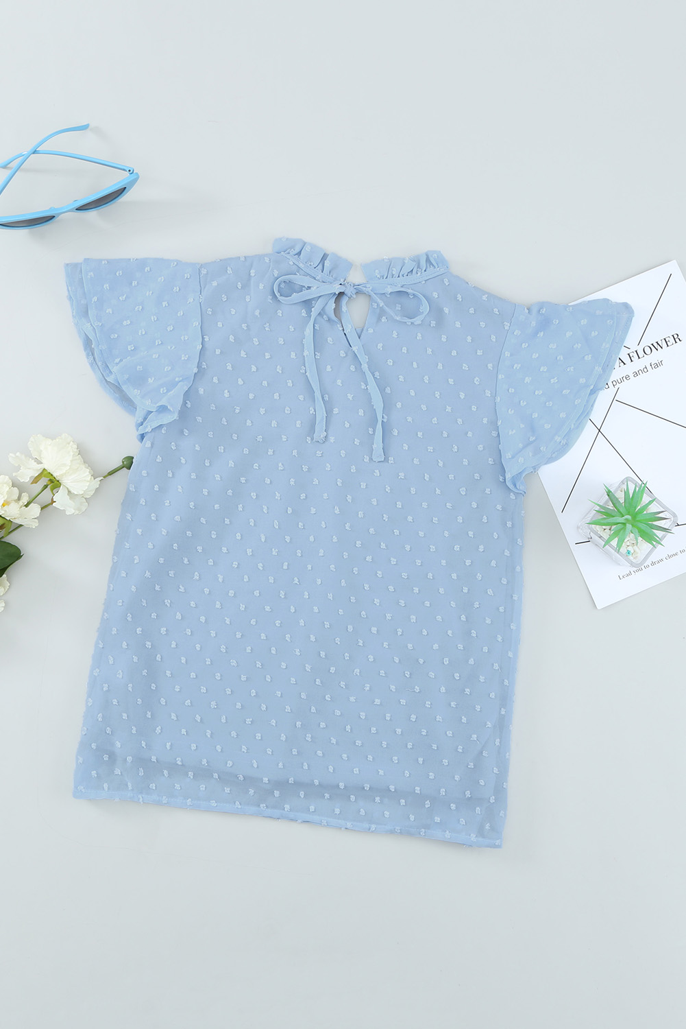 Sky Blue Little Girl Swiss Dot Ruffle Sleeves Top