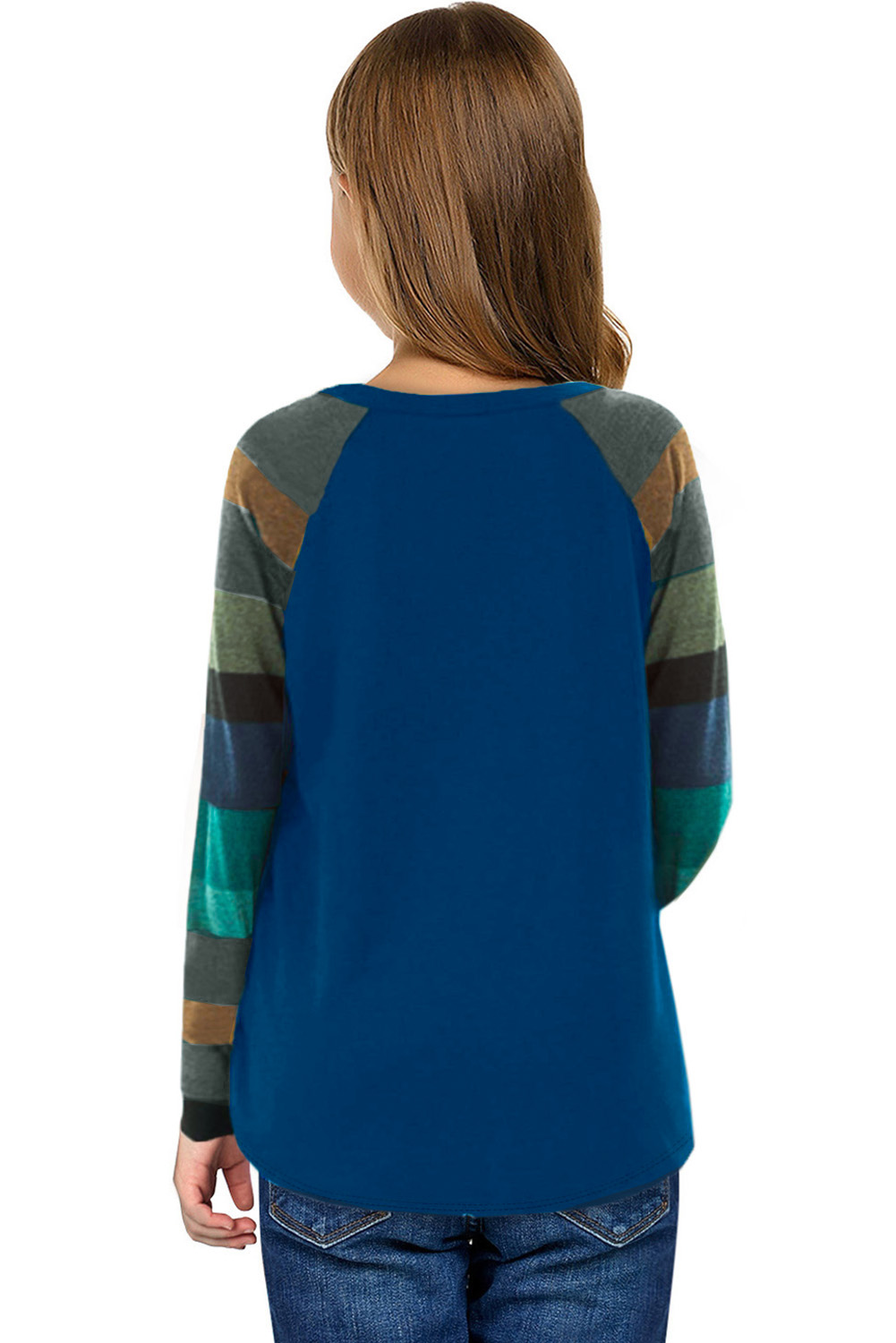 Blue Striped Color Block Girl's Long Sleeve Top