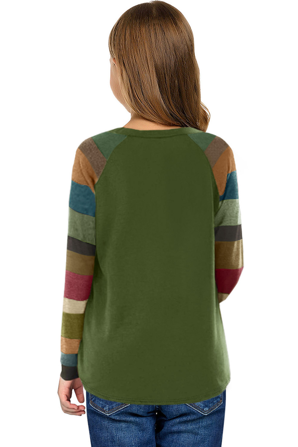 Green Striped Color Block Girl's Long Sleeve Top