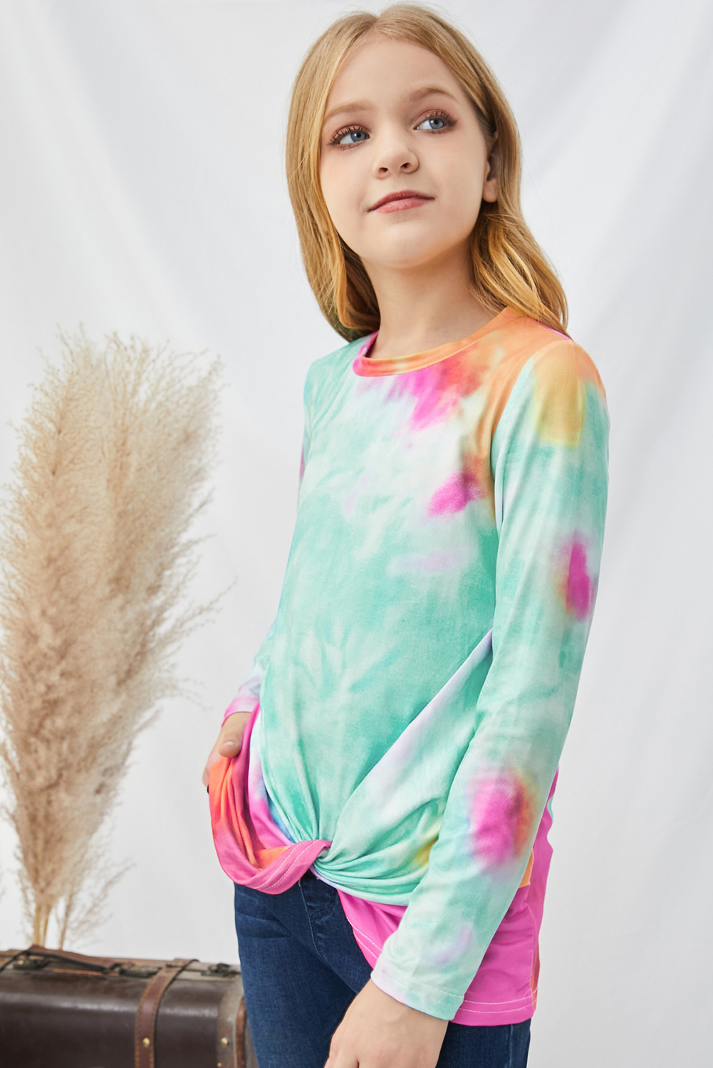 Green Tie Dyed Twist Knot Girl's Long Sleeve Top