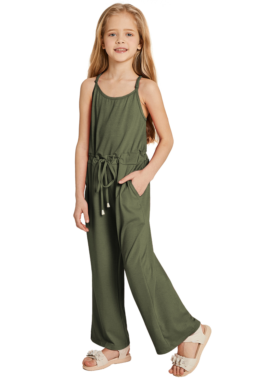 Green Spaghetti Strap Wide Leg Girls Jumpsuit