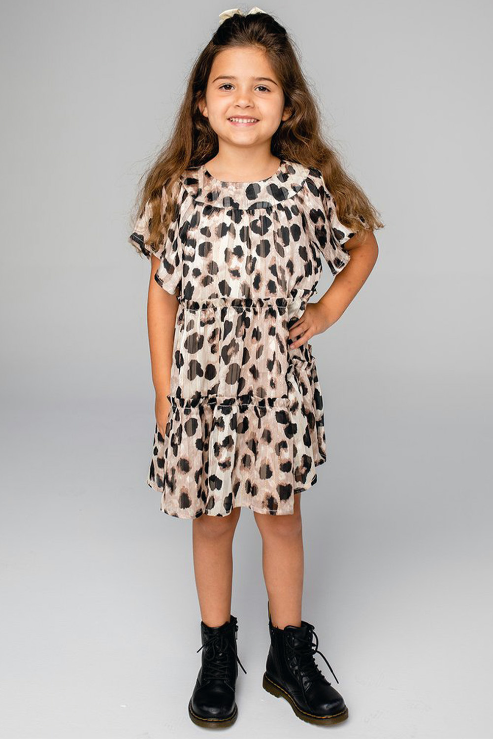 Girls Flutter Sleeves Leopard Print Midi Dress