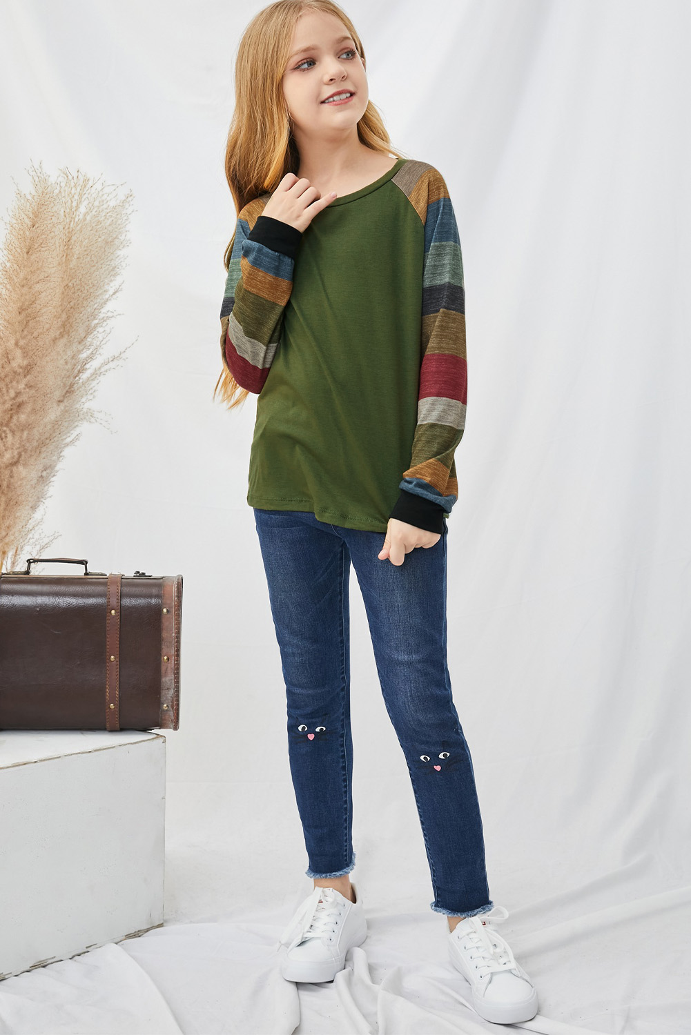 Green Striped Color Block Girl's Long Sleeve Top