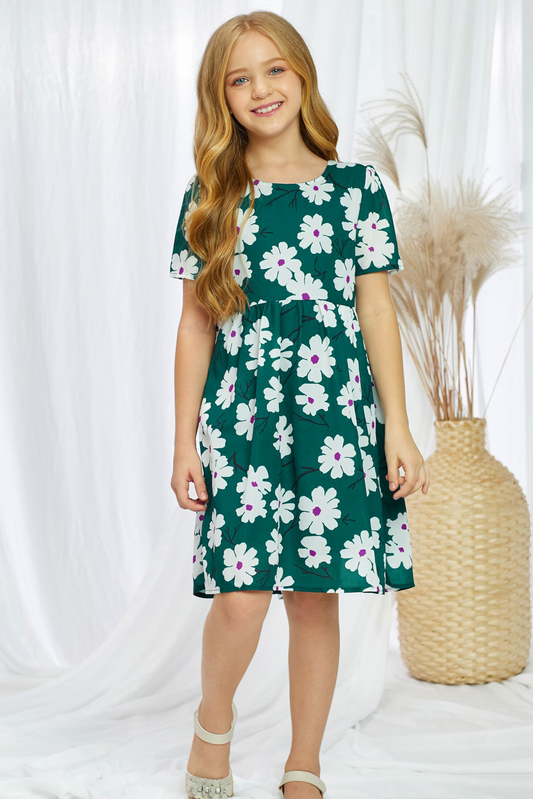 Green Crewneck Short Sleeve Pockets Floral Girl's Midi Dress