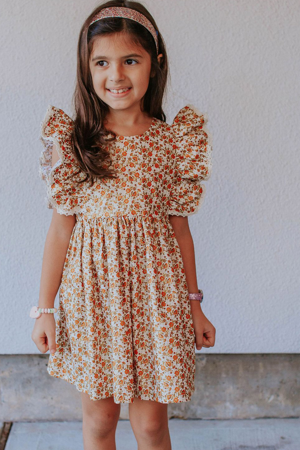 Orange Little Girls Floral Print Ruffled Sleeve Dress