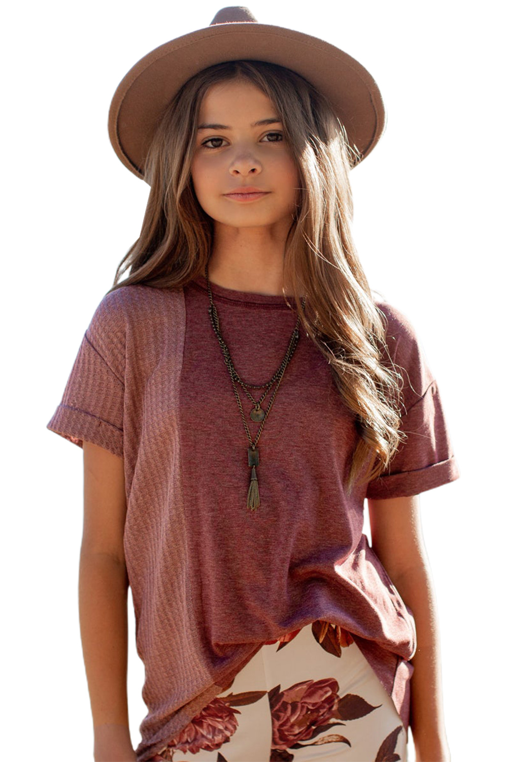 Red Girls Mix Waffle Textured Short Sleeve Top