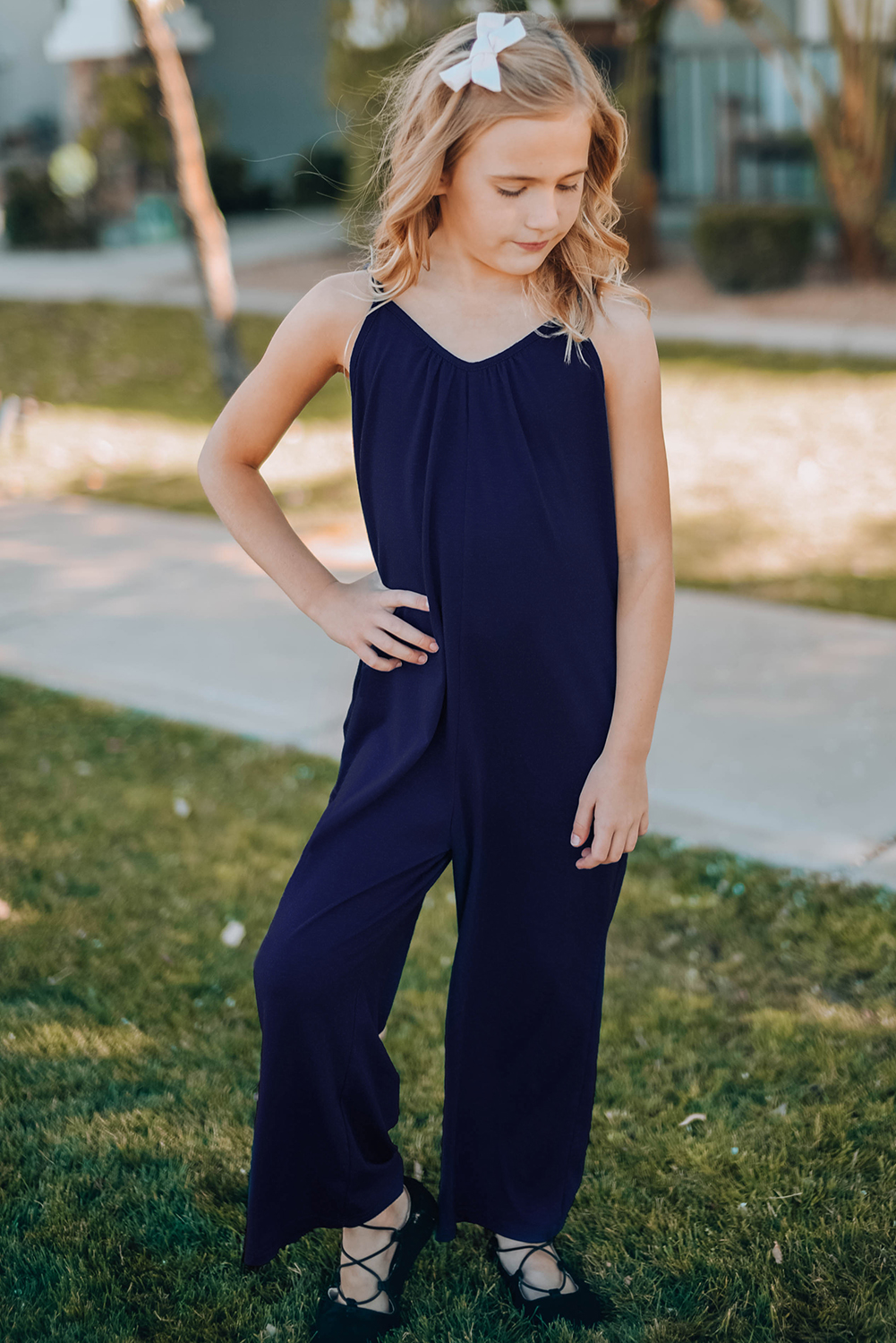 Blue Spaghetti Strap Wide Leg Girl's Jumpsuit With Pocket