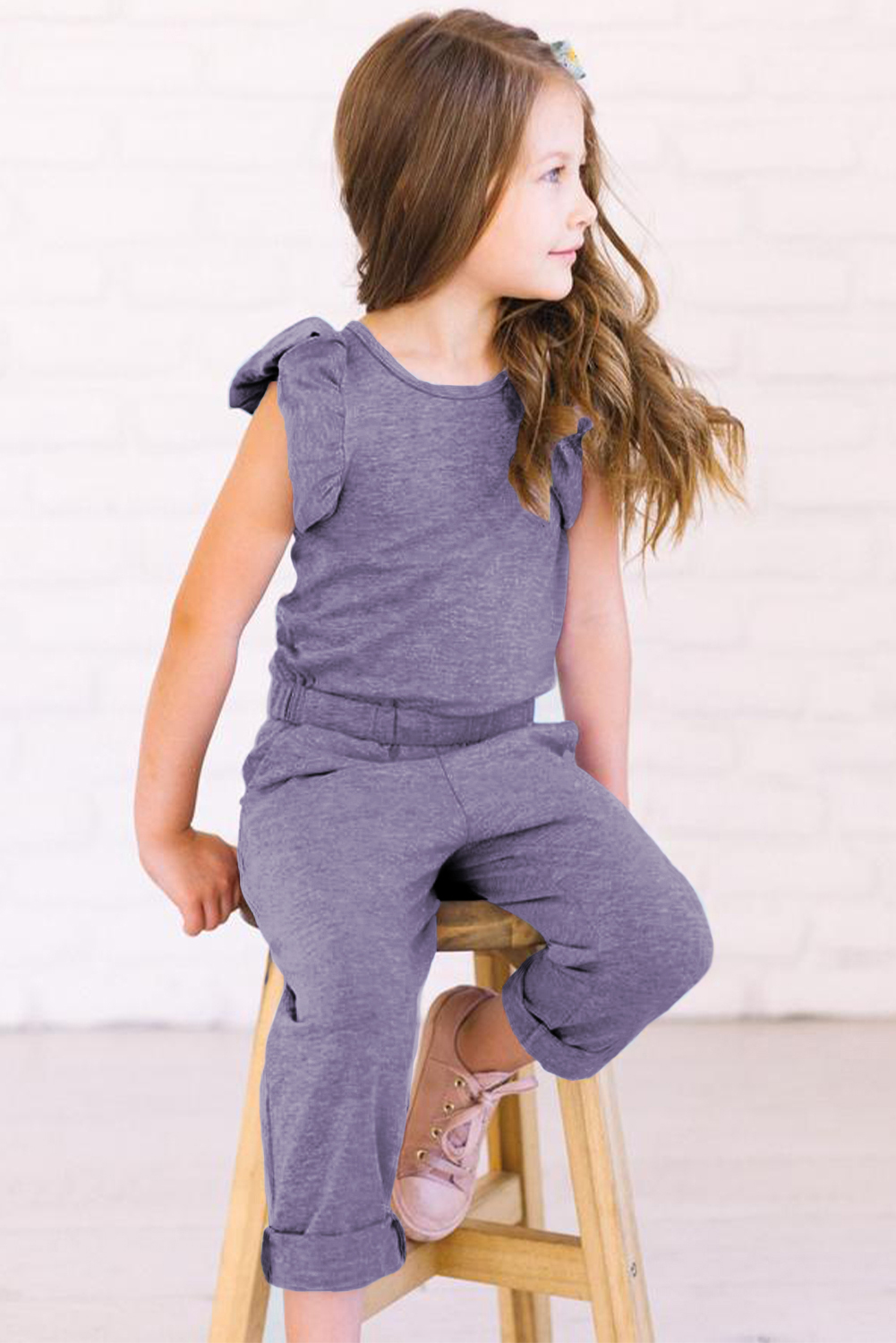 Purple Little Girls Ruffled Shoulder Keyhole Back Jumpsuit With Pockets