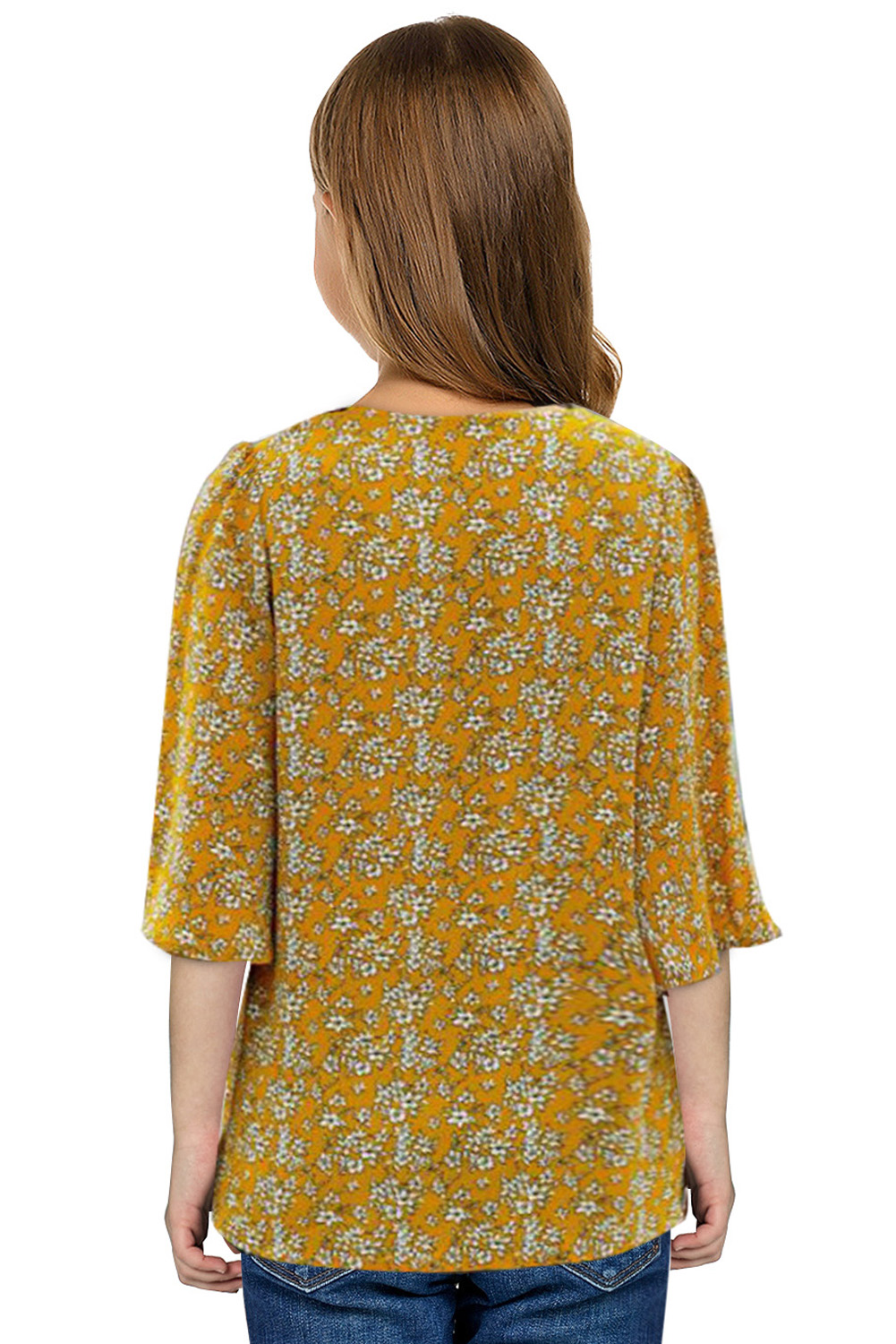 Yellow Floral V Neck Ruffled Sleeve Buttons Girl's Blouse