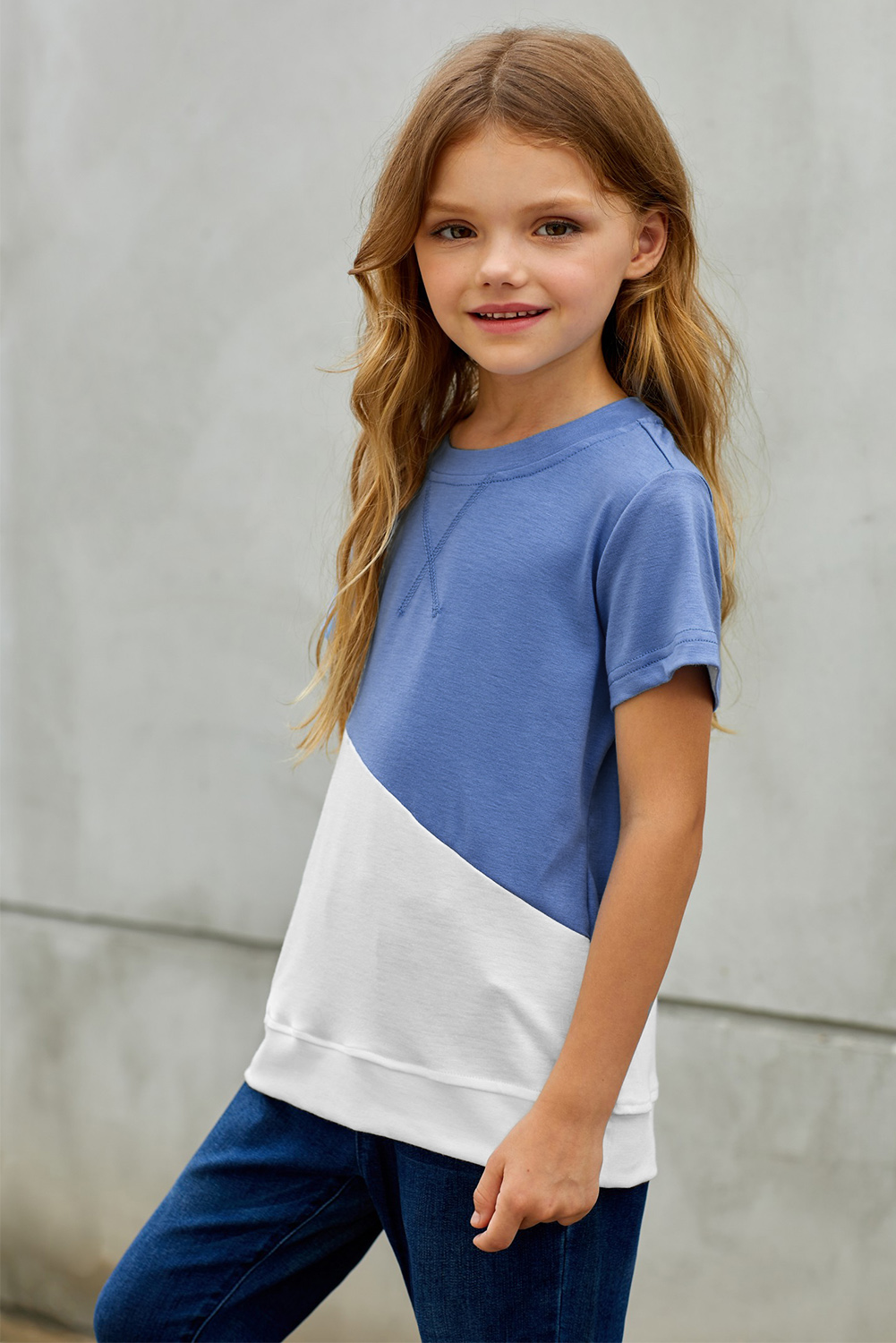 Sky Blue Colorblock Splicing Little Girl Tee