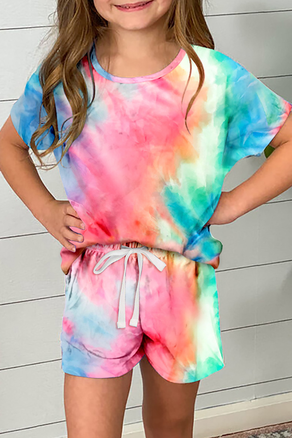 Rose Girl's Tie Dye T Shirt And Drawstring Shorts Set