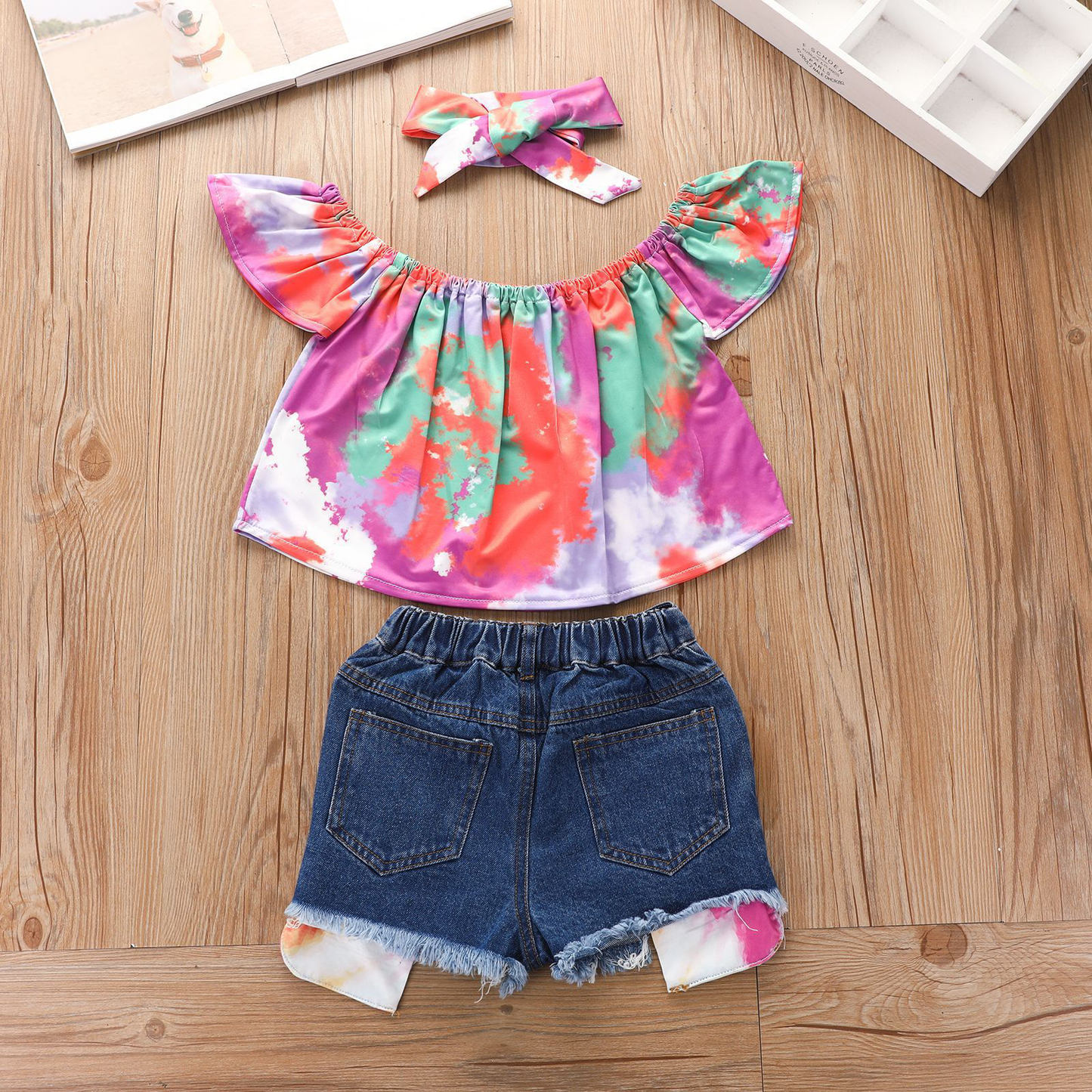 Girls' Off-Shoulder Top & Denim Shorts Set With Headband