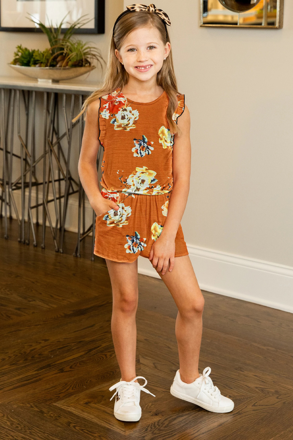 Orange Floral Print Ruffled Sleeveless Girls Romper