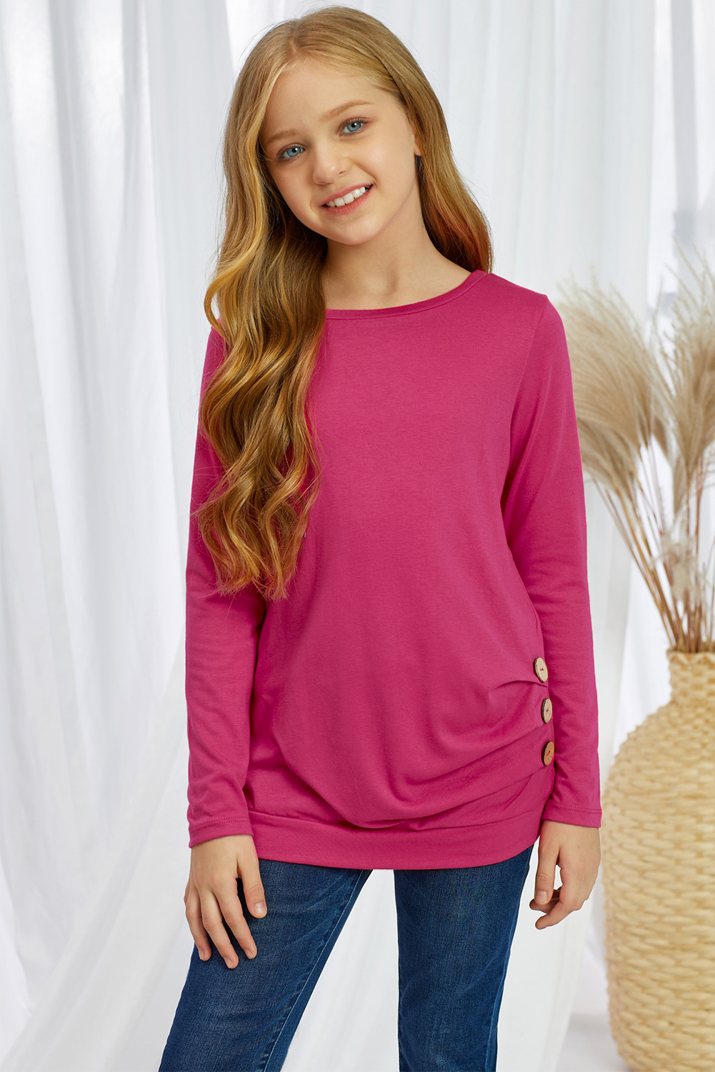 Rose Little Girls Long Sleeve Buttoned Side Top