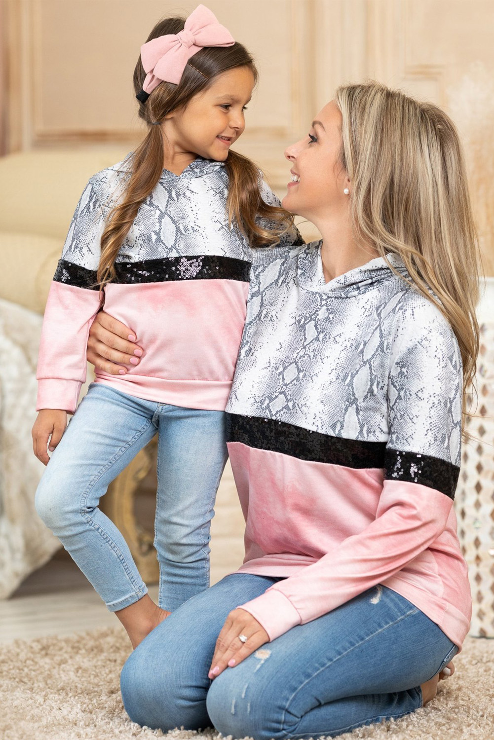 Mommy & Me Snakeskin Sequin Splicing Girl's Hoodie