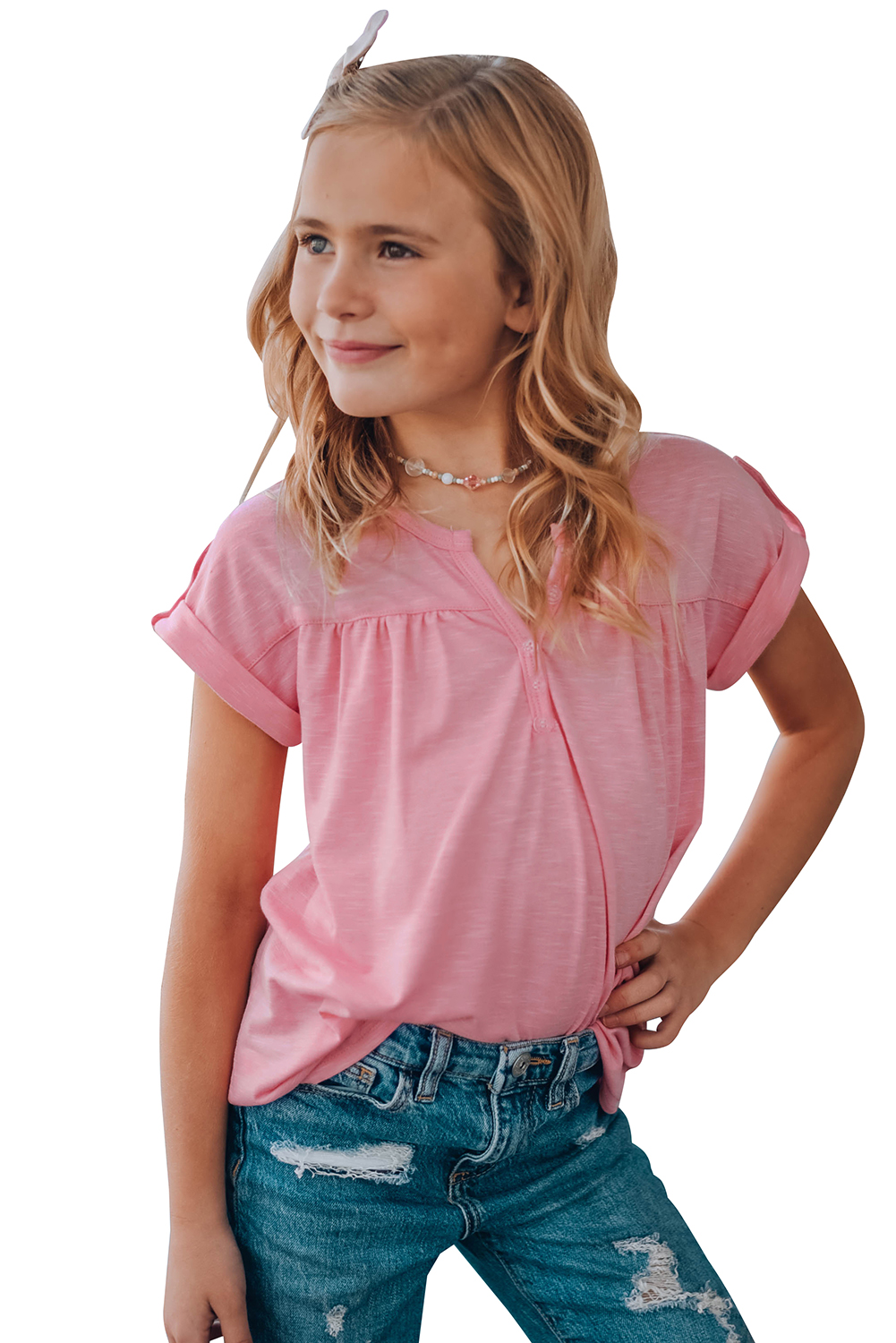 Pink Roll Up Short Sleeve Girls' Top With Buttons