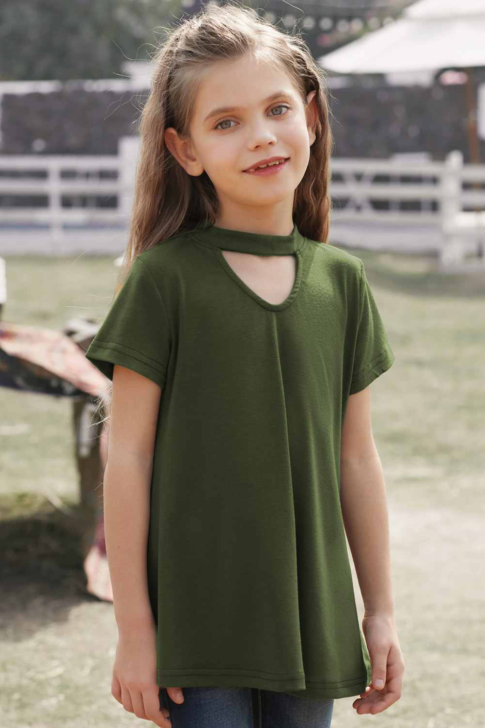 Green Keyhole Girl’s Short Sleeves Top