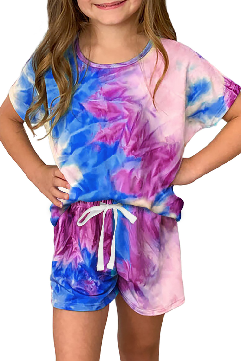 Purple Girl's Tie Dye T Shirt And Drawstring Shorts Set