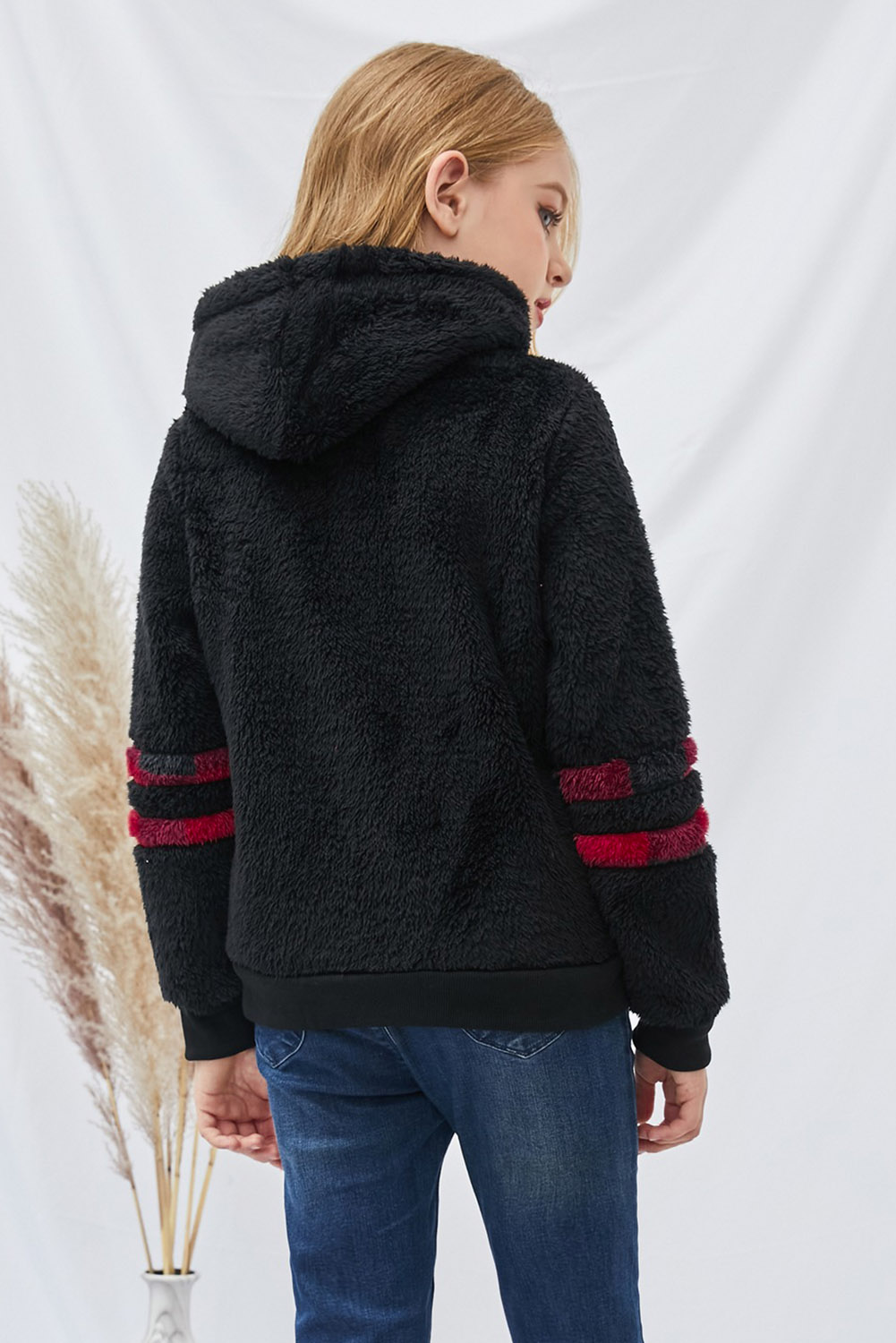 Little Girl Sherpa Plaid Pocket Hoodie