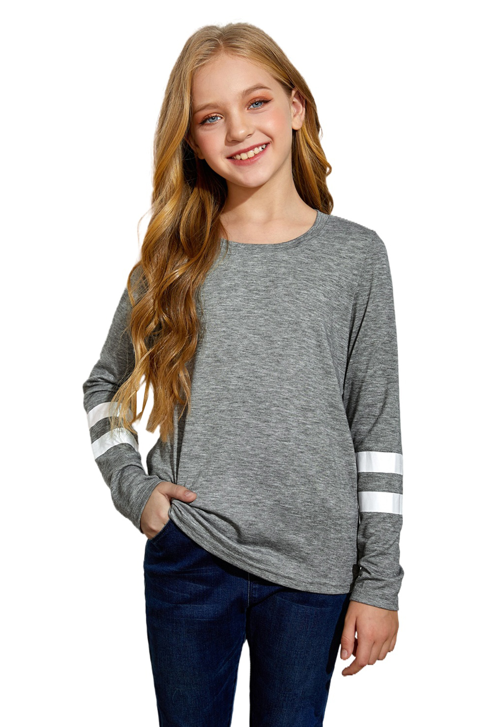 Gray Crewneck Striped Color Block Girl's Long Sleeve Top