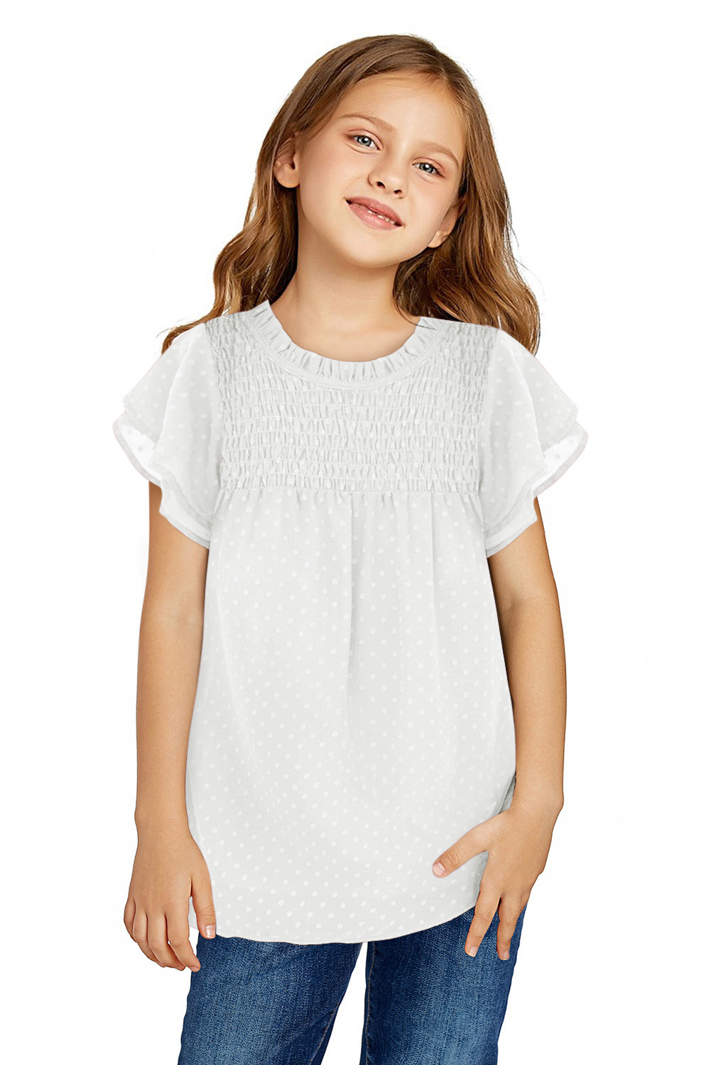 White Little Girl Swiss Dot Ruffle Sleeves Top