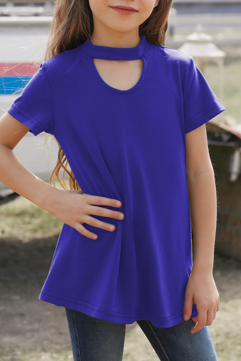 Blue Keyhole Girl’s Short Sleeves Top