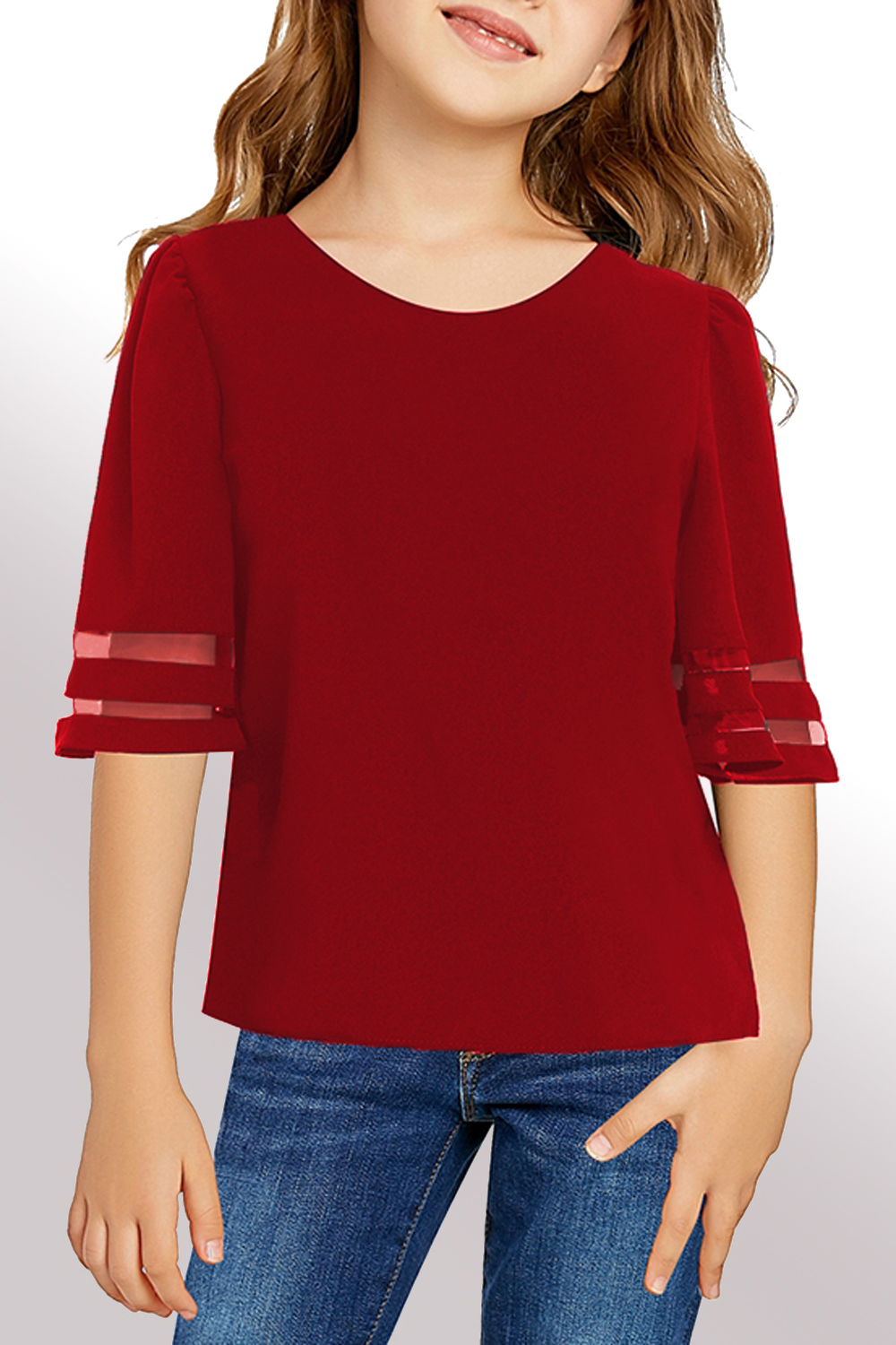 Red Girl's 3/4 Bell Sleeve Mesh Panel Blouse