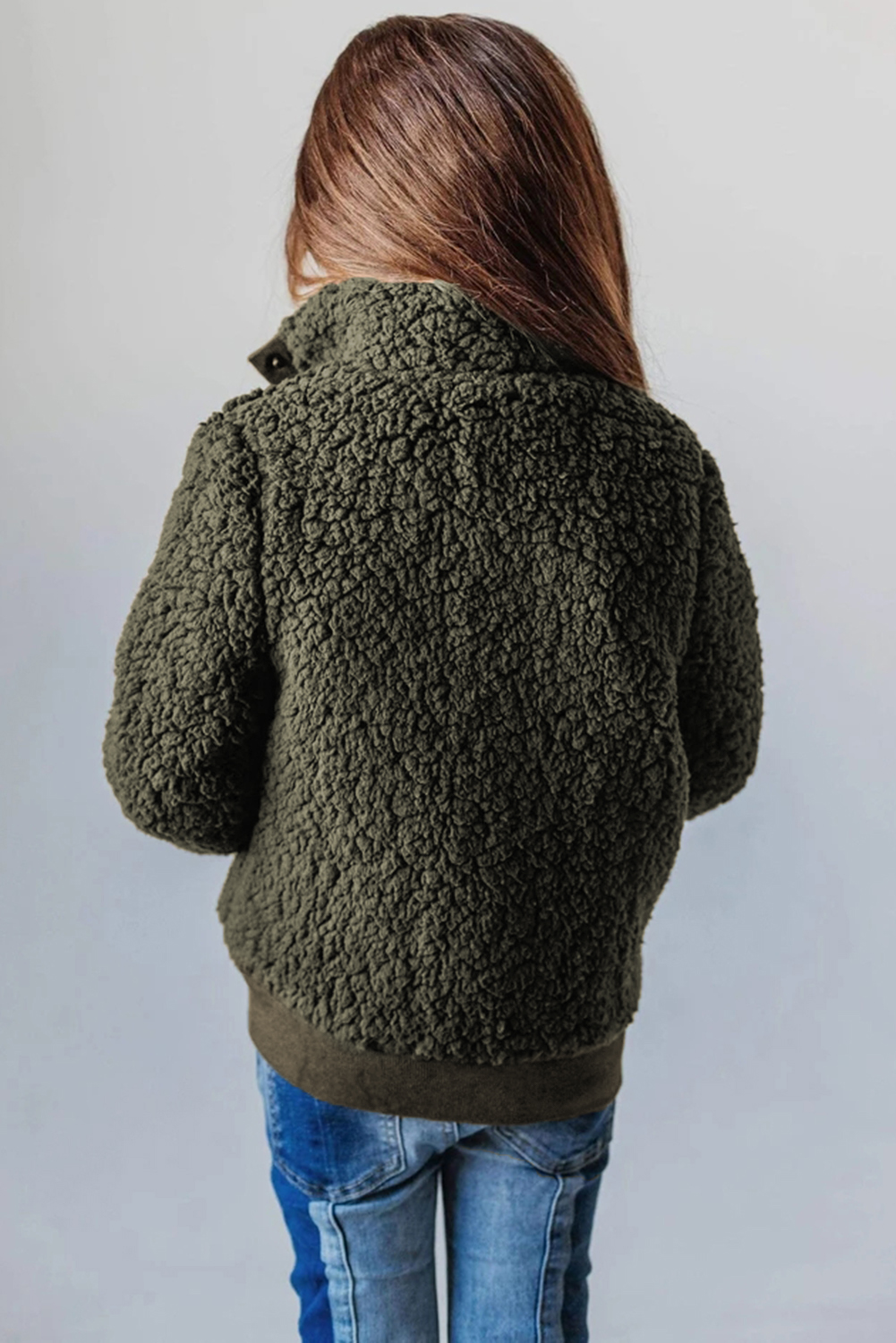 Green Buttoned Solid Fleece Girl's Coat