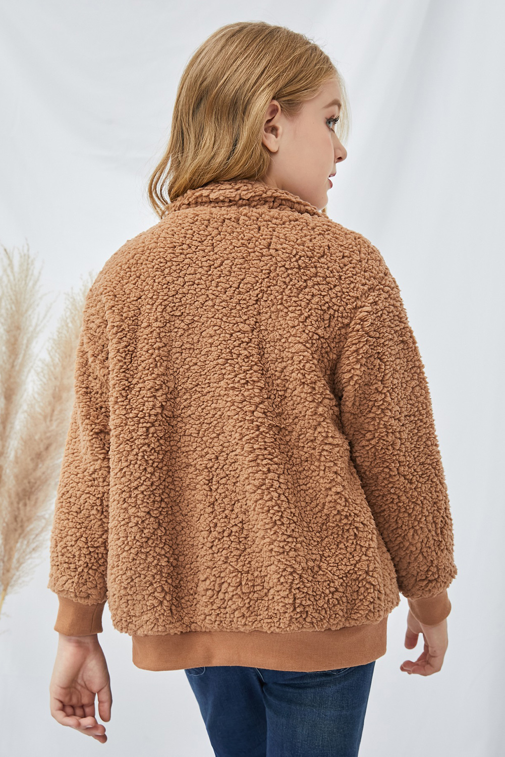 Brown Buttoned Solid Fleece Girl's Coat